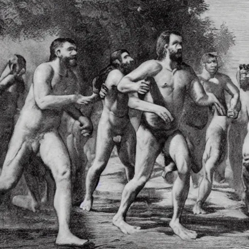 Image similar to a group of neanderthals with very little clothing running towards a roman legion.