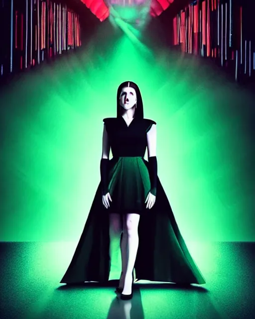 Prompt: David Villegas art, cinematics lighting, beautiful Anna Kendrick supervillain, green dress with a black hood, angry, symmetrical face, Symmetrical eyes, full body, flying in the air over city, night time, red mood in background