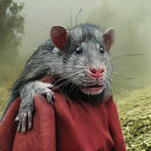 Image similar to cranbow jenkins, lord of the hambone, emerging from the mist, now declares himself king of all rats and insects