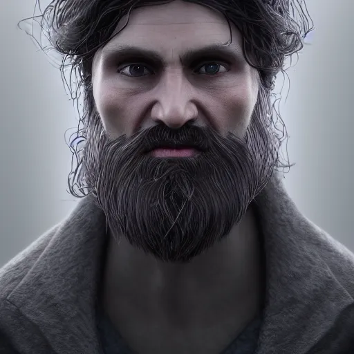 Image similar to a highly detailed portrait of a man without a beard, purple eyes, light gray long hair, wearing a black cloak, artstation, DeviantArt, professional, octane render