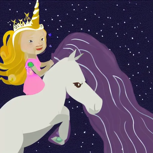 Prompt: a digital drawing of my niece as a princess with long blond hair riding a unicorn