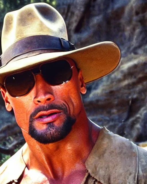 Image similar to Film still close-up shot of Dwayne Johnson as Indiana Jones in the movie Raiders of the Lost Ark. Photographic, photography