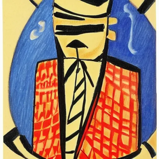 Prompt: precise by louis valtat navajo red, zoetrope. a drawing of a suit. the man's eyes are closed & he has a serene, content look on his face. his arms are crossed in front of him & is floating in space. background is swirling with geometric shapes & patterns.