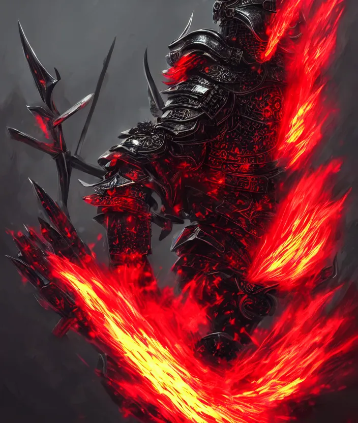 Image similar to a detailed manga character illustration of a dark warrior in black plated armour surrounded by red flames, trending on artstation, digital art, 4 k resolution, detailed, octane render, high quality, sharp focus, hq artwork, insane detail, concept art, character concept, character illustration, full body illustration