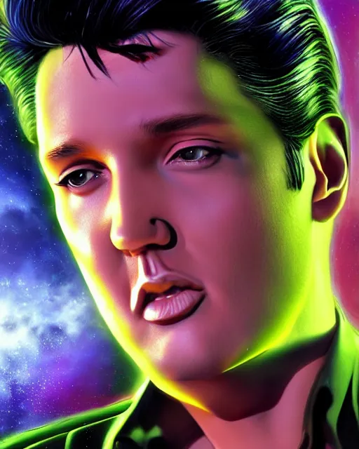 Image similar to a powerful energy elvis presley, by alexander fedosav, hyper detailed digital matte painting, concept art, hyperrealism, 1 6 k resolution, cinema 4 d, 8 k resolution, trending on artstation, behance hd, a masterpiece, by stephan martiniere, particles, cel - shaded, power bright neon energy, by david a. hardy,