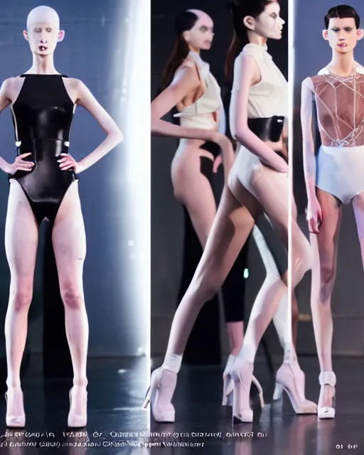 Image similar to multi panel storyboard of olivia wearing an outfit made of tight silicone, runway model at new york fashion week, sporty physique, black hair, freckles, pale skin, multiple angles, photo by greg rutkowski, stage lighting, soft colors, female beauty, intricate detail, elegance, 3 5 mm, depth of field, masterpiece