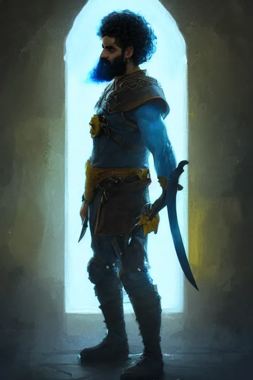 Image similar to Arab man light beard, curly hair, swordsman, modern, hero, yellow and charcoal leather, glowing blue eyes!! highly detailed, digital painting, artstation, concept art, sharp focus, illustration, by greg rutkowski