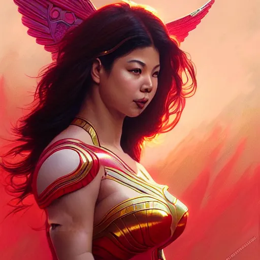 Image similar to angel locsin as darna, volumetric lights, red and cyan theme, art nouveau botanicals, intricate, highly detailed, digital painting, artstation, concept art, smooth, sharp focus, cinematic, illustration, beautiful face, art by artgerm and greg rutkowski and alphonse mucha