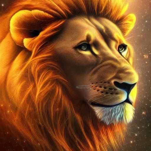 Image similar to lion made out of universe with a golden colar, hyper detailed, smooth, realistic, stunning, beautiful, trending on artstation,