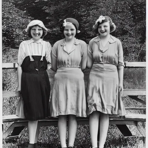 Prompt: a vintage 1 9 3 0 s photograph of three cheerful young ladies posing on a timber bridge in the countryside.