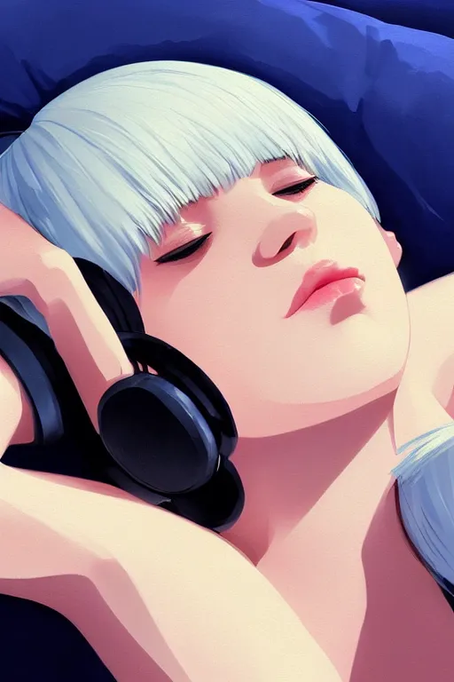 Image similar to a cute young woman lying on a couch while listening to music with her eyes closed and wearing headphones by Ilya Kuvshinov and Range Murata, white bob cut hair, blue filter, blue and white, soft lighting, atmospheric, cinematic, moody, digital painting, 8k