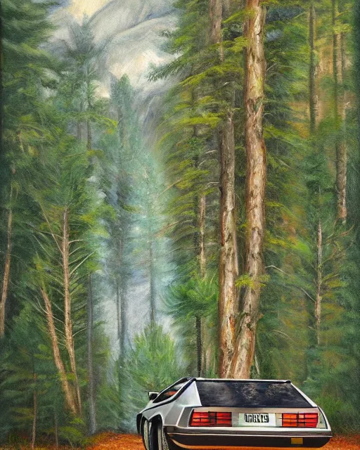 Image similar to delorean in the altai forest, detailed oil painting