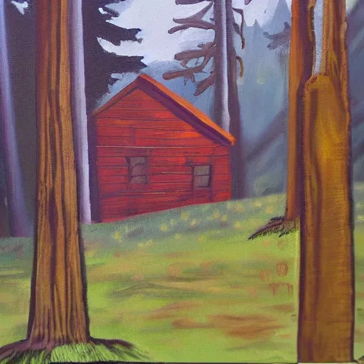 Image similar to a painting of a eerie cabin in the middle of the woods in the style of alison geissler