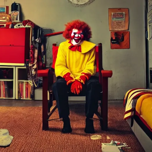 Image similar to ronald mcdonald sitting in an armchair in a cluttered apartment, gritty, film, somber