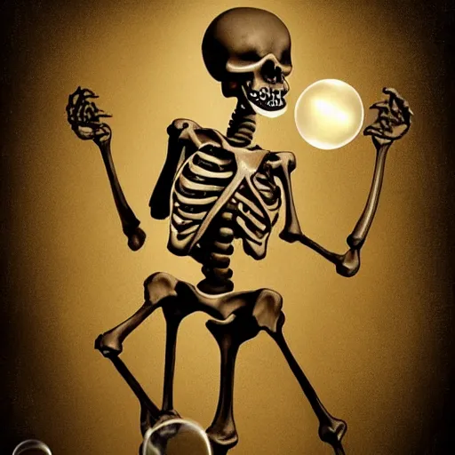 Image similar to happy skeleton blowing soap bubbles with bone utensils, dark horror, digital art, high detail