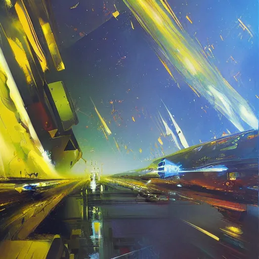 Image similar to minimalist dimensions shift warp concept art oil painting by john berkey , loosely detailed, brush hard