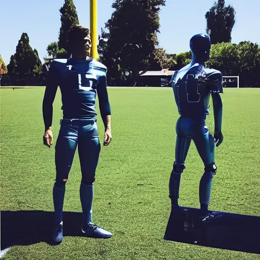 Image similar to “ a realistic detailed photo of a guy who is an attractive humanoid who is half robot and half humanoid, who is a male android, football player christian mccaffrey, shiny skin, posing like a statue, blank stare, on the field, on display ”