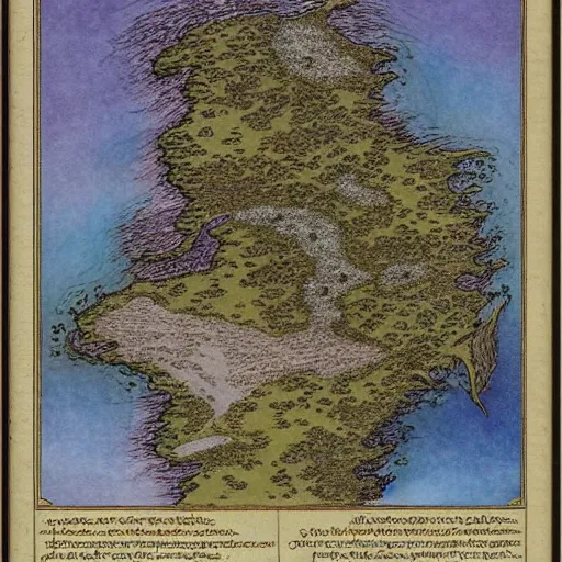 Prompt: an isometric fantasy map, the land of Odrua, uncluttered, bordered by ocean, continent with mountains lakes hills and cities, by brian froud by jrr tolkien