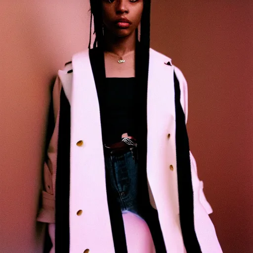 Image similar to realistic photoshoot for a new off-white lookbook, color film photography, portrait of a beautiful woman in style of tyler Mitchell, 35mm, graflex