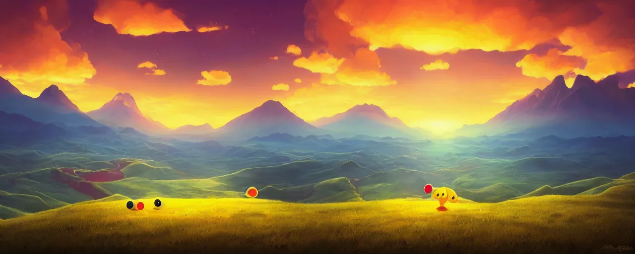 Prompt: detailed round pacman being chased by ghosts, in a beautiful nature landscape with clouds, mountains, in background, sunset, by rhads, round pacman, detailed, coherent