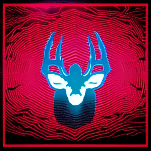 Image similar to logo for evil corporation that involves deer, retro synthwave style, retro sci fi