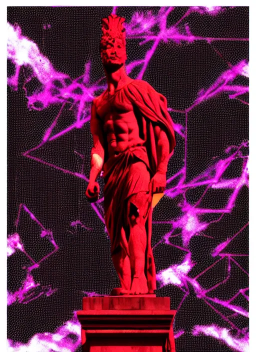 Image similar to black background with subtle red and purple design elements, statue of julius caesar, nekro, modern design, collage art, thin lines, dark, glitch art, neo vaporwave, gritty, layout frame, trending on artstation