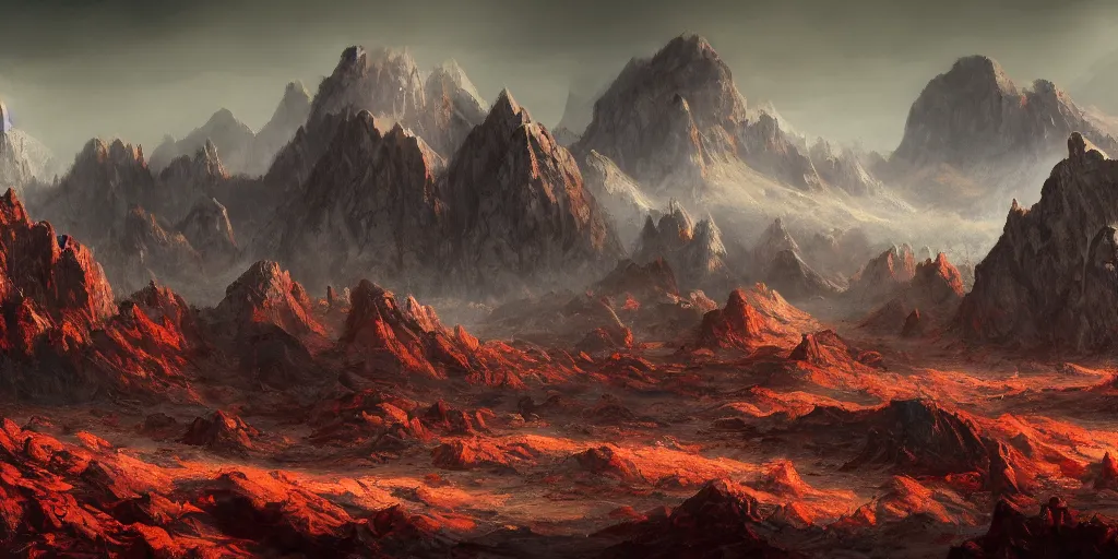 Image similar to The blood-soaked stone landscape with mountains in the background, Sci-Fi fantasy desktop wallpaper, painted, 4k, high detail, sharp focus