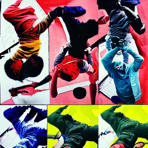 Image similar to four breakdancers battling in the bronx in 1984, by Andy Warhol, gritty, energetic, hyperrealistic, intricate, Moody lightning, trending on artstation