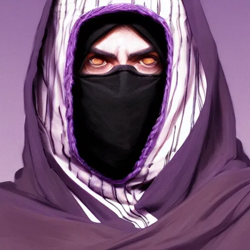 Image similar to ultra realistic illustration, man in a black hood, in a striped purple balaclava, mysterious, highly detailed, digital painting, artstation, concept art, smooth, sharp focus, illustration, art by artgerm and greg rutkowski and alphonse mucha