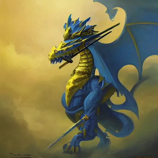 Prompt: a knight in a yellow and blue armor riding a yellow and blue dragon, digital art, fantasy art, made by tom bagshaw
