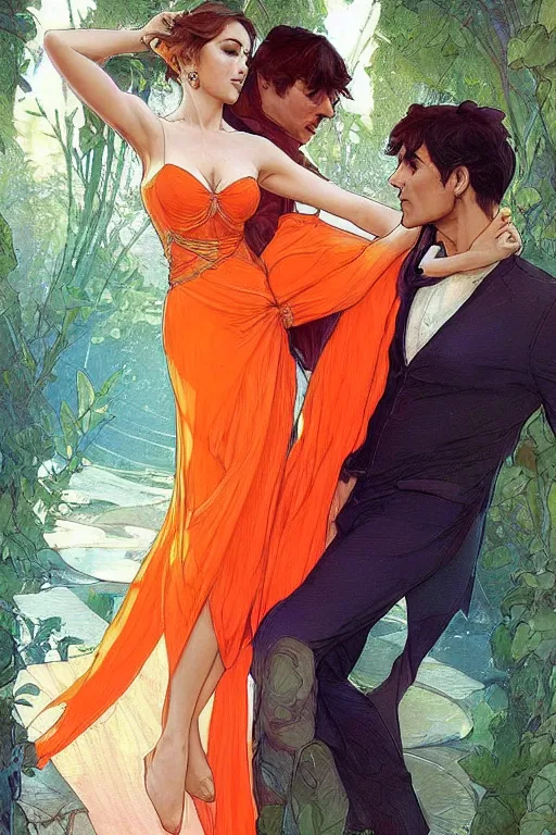 Image similar to man in orange shirt fastens beautiful dress of his spouse before going to exquisite gala art by artgerm and greg rutkowski and charlie bowater and magali villeneuve and alphonse mucha