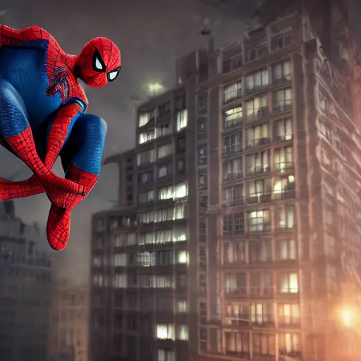 Prompt: a zombie spider - man jumping over buildings, 8 k, shallow depth of field, 8 k, ultra high detail, concept art,