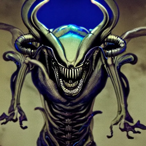 Image similar to a xenomorph looking menacingly at the camera, dramatic blue lighting