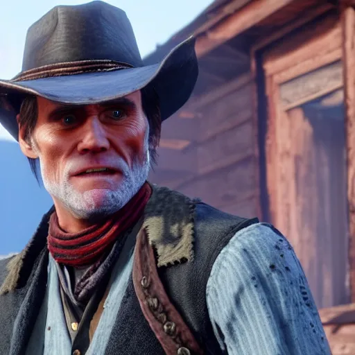 Image similar to film still of jim carrey in red dead redemption 2 ( 2 0 1 8 video game )