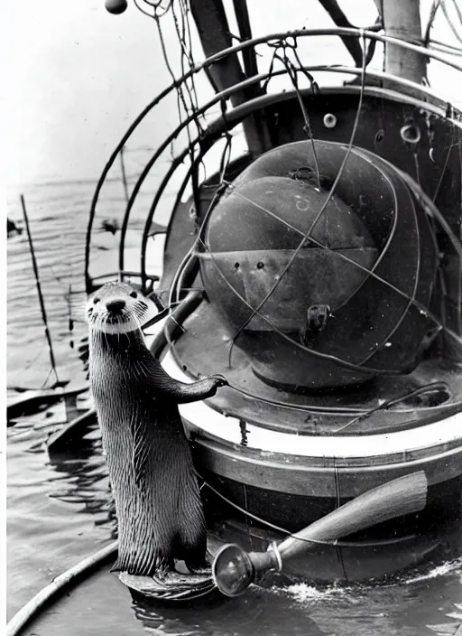 Image similar to an otter repairing a bathysphere, vintage photograph