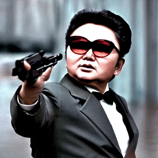 Image similar to Kim Jong-il in the role of James Bond, action filmstill, 1960s spy, Walther PPK