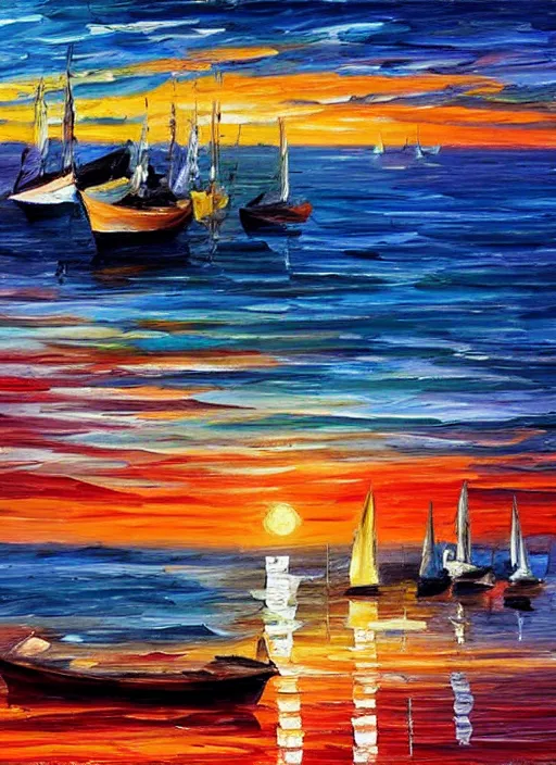Prompt: beautiful seaside sunset with boats in the style of leonid afremov