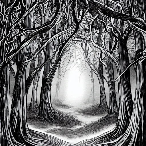 Image similar to beautiful forest illustration, 4k detailed, black ink on white paper, dark fantasy, white space in middle