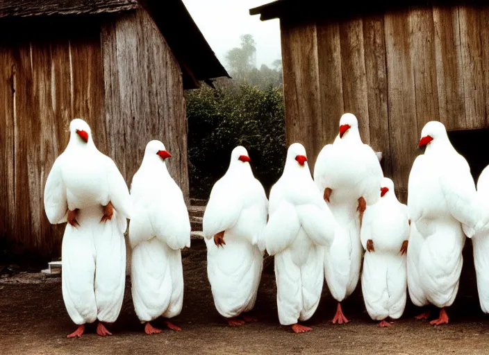 Prompt: realistic documentary photo of a group of people wearing white pigeon costumes in a wooden village 1 9 9 0, life magazine reportage photo, neutral colors, neutral lighting