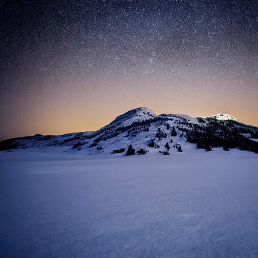 Image similar to calming relaxing snowy mountain silhouetted against a dark starry night sky from a distance