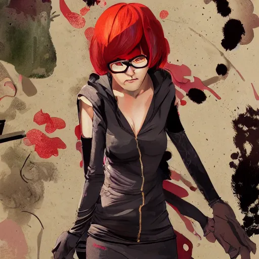 Prompt: highly detailed portrait of a moody velma from scooby doo with a curvy feminine figure, by Dustin Nguyen, Akihiko Yoshida, Greg Tocchini, Greg Rutkowski, Cliff Chiang, 4k resolution, nier inspired, graffiti inspired, punk inspired, vibrant but dreary orange, peach red, black and white color scheme!!! ((Library background))