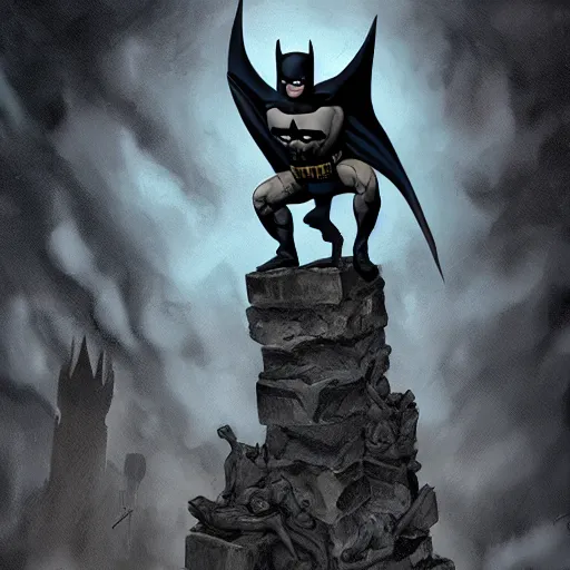 Image similar to batman sitting on a stone gargoyle looking down on gotham, comic book, illustration, night, mysterious, cinematic, hyperdetailed, artstation trending