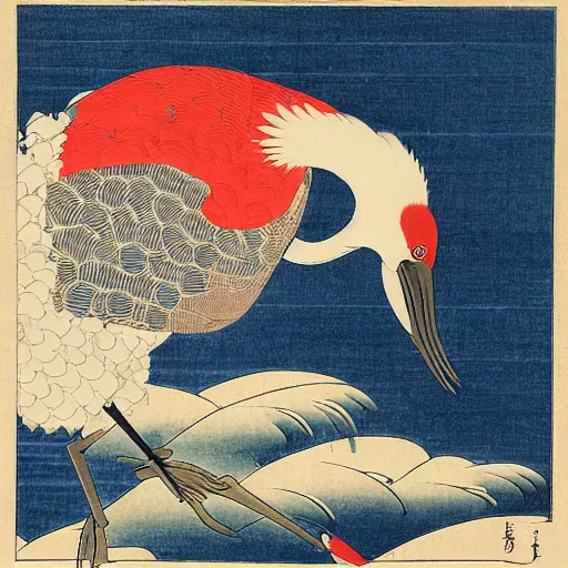 Image similar to 鶴 crane, in the style of hokusai, ukiyo-e