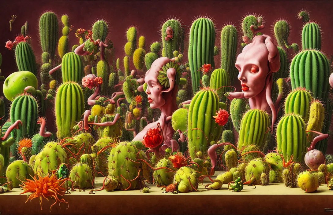 Image similar to a still life of robotic fruit and cactus in the style of wayne barlowe, gustav moreau, peter mohrbacher, bussiere, roberto ferri, santiago caruso, luis ricardo falero, austin osman spare, boris vallejo, hajime sorayama, dali