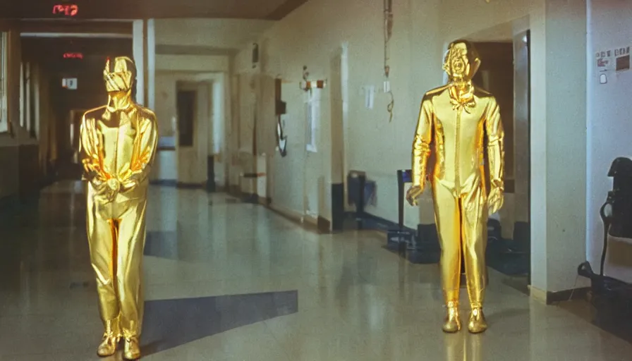 Prompt: 7 0 s movie still of a man made of gold the hospital, cinestill 8 0 0 t 3 5 mm eastmancolor, heavy grain, high quality, high detail
