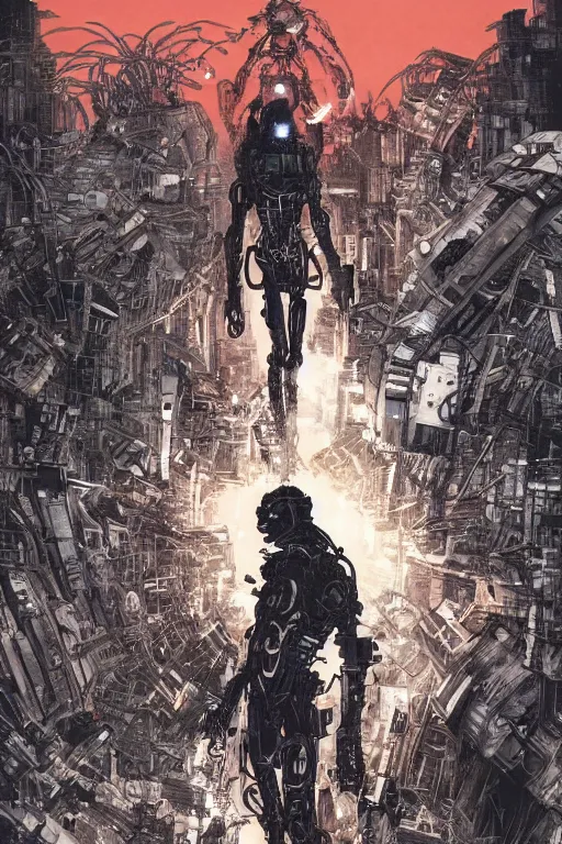 Prompt: cyborg bounty hunters at dawn, a color cover illustration by tsutomu nihei, tetsuo hara and katsuhiro otomo