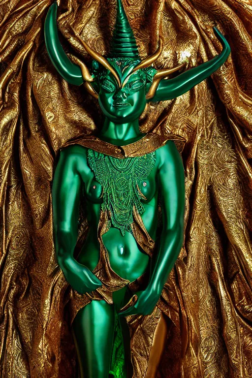 Image similar to metallic emerald carved statue of horned persian sacred demon goddess, sculpture with metallic polished intricated surfaxe, dressed with a colorful torn silk cloak, made by antonio corradini, and dug stanat macabre art, dark surrealism, epic and cinematic view, volummetric light, texturized, detailed, 8 k
