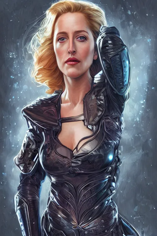 Image similar to young Gillian Anderson as a ruggedly beautiful super heroine, intricate, elegant, highly detailed, centered, digital painting, artstation, concept art, smooth, sharp focus, illustration, art by artgerm and donato giancola and Joseph Christian Leyendecker, Ross Tran, WLOP