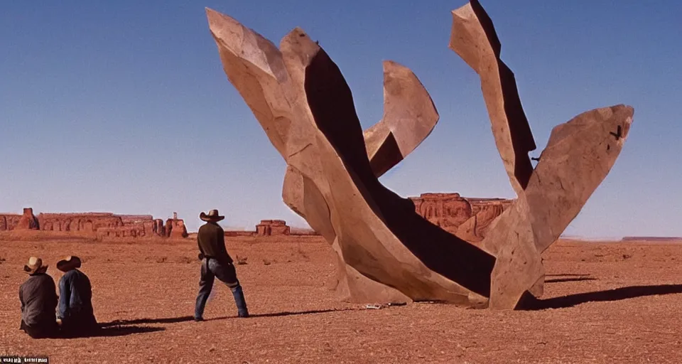 Image similar to film still showing cowboys looking at a gigantic abstract sculpture in the desert directed by Sergio Leone, western, monument valley, cinemascope, technicolor