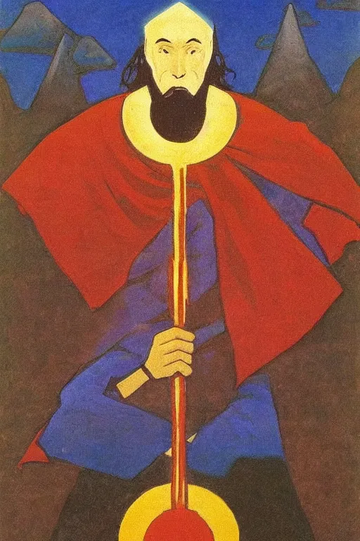 Image similar to thor with mjollnir, marvel, artwork by nicholas roerich,